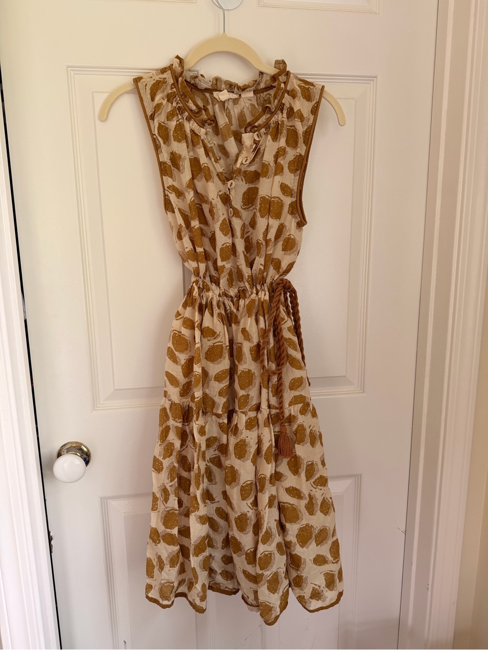 Sleeveless Cream and Brown Printed Midi Dress